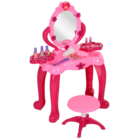 AIYAPLAY Kids Dressing Table with Mirror and Stool, Light, Music, 15 Accessories, for 3-6 Years Old, Pink