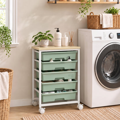 6-Tier Storage Trolley on Wheels | 5 Pull-Out Drawers | Rolling Kitchen Cart | Green