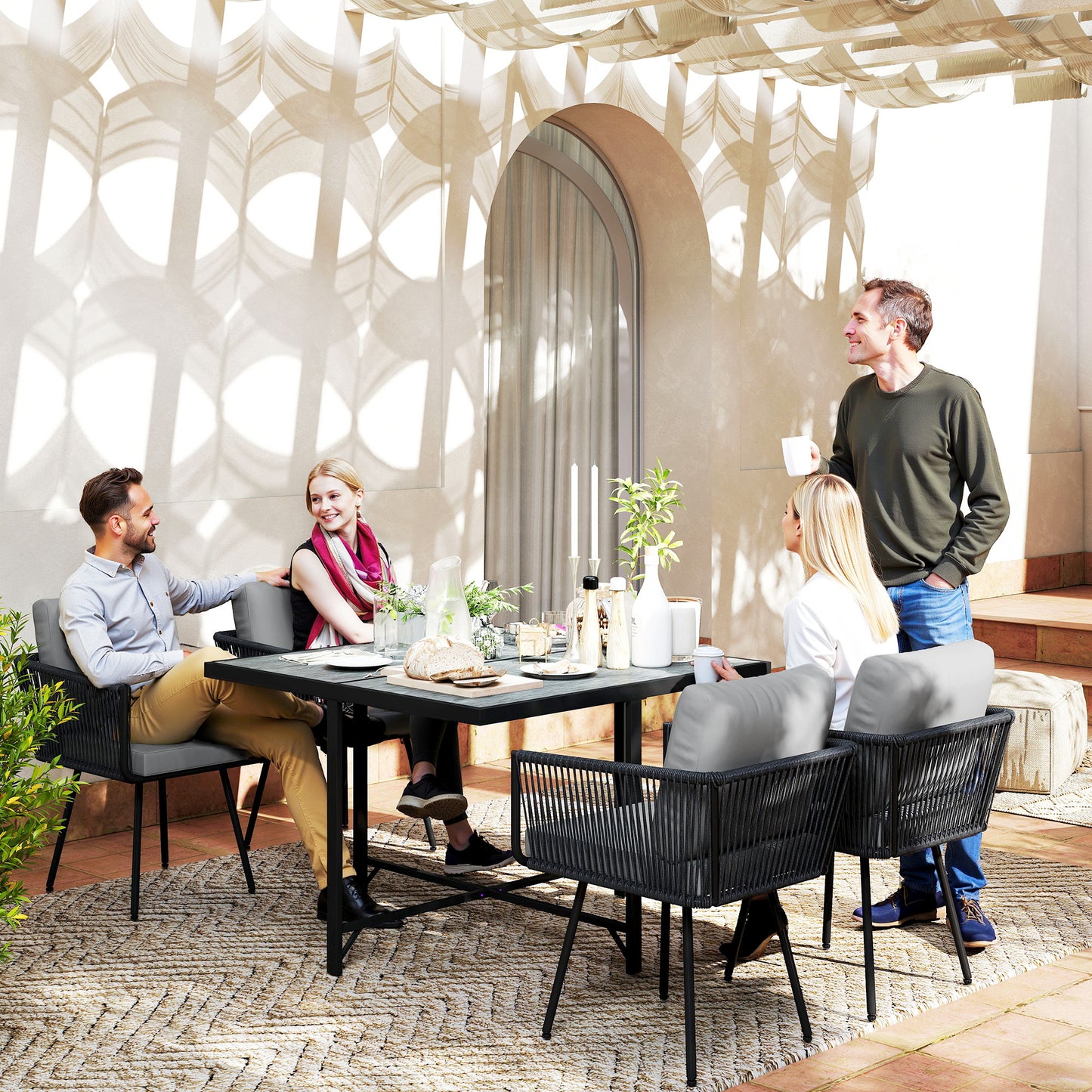 5-Piece Rattan Garden Dining Set | PS Wood-Plastic Table 110x110cm | 4 PE Rattan Armchairs | Thick Cushions | Zip Covers | Powder-Coated Metal Frame | Adjustable Feet | 120kg Chair Capacity | Light Grey