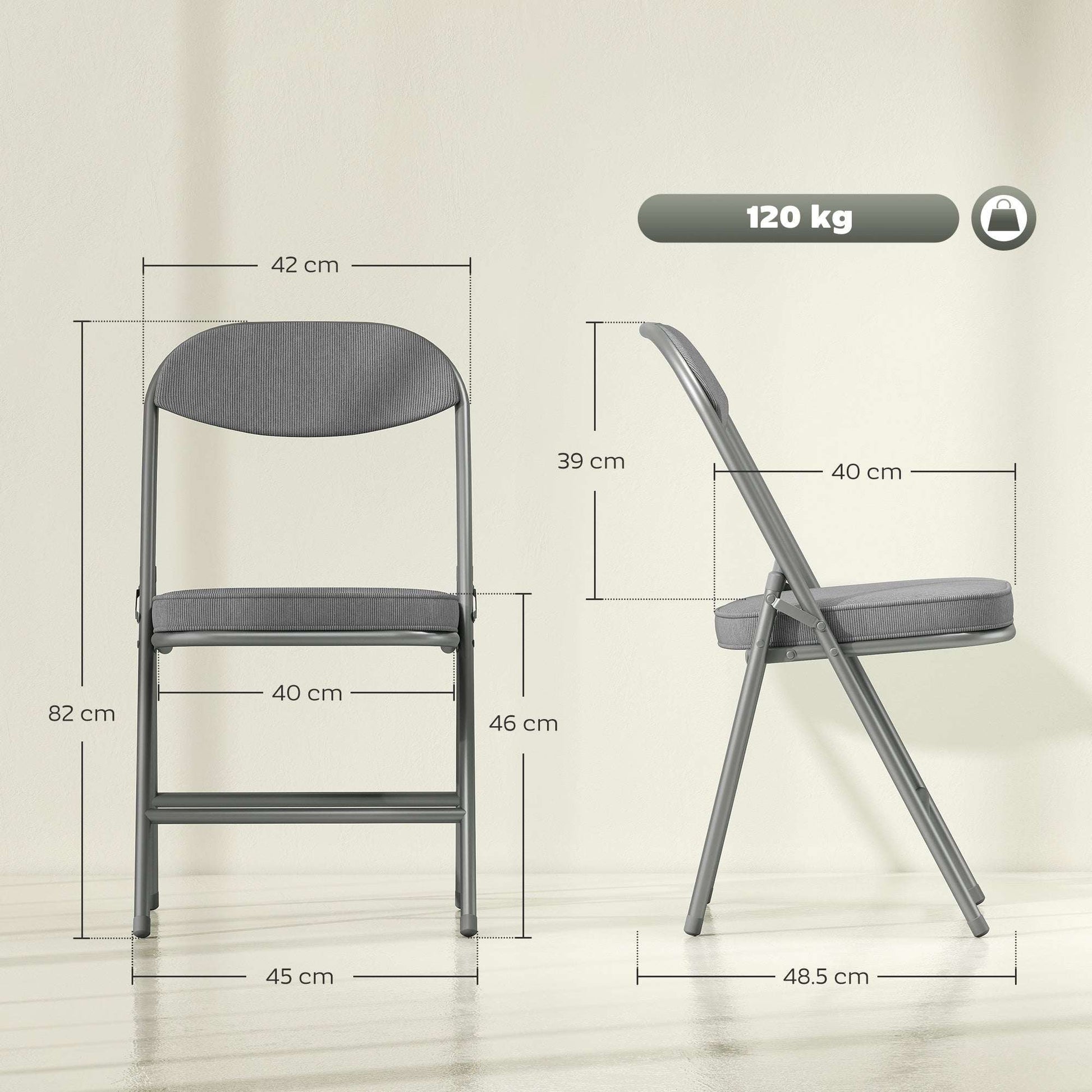 Set of 4 Folding Corduroy Chairs | High Back | Padded Seat & Back | Steel Frame | 120kg | No Assembly | Grey
