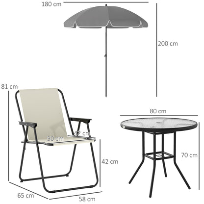 Outsunny 4 Seater Outdoor Garden Furniture Set, 6 Pieces Table and Chairs W/ Parasol, Folding Chairs and Round Glass Top Table for Patio, Cream White