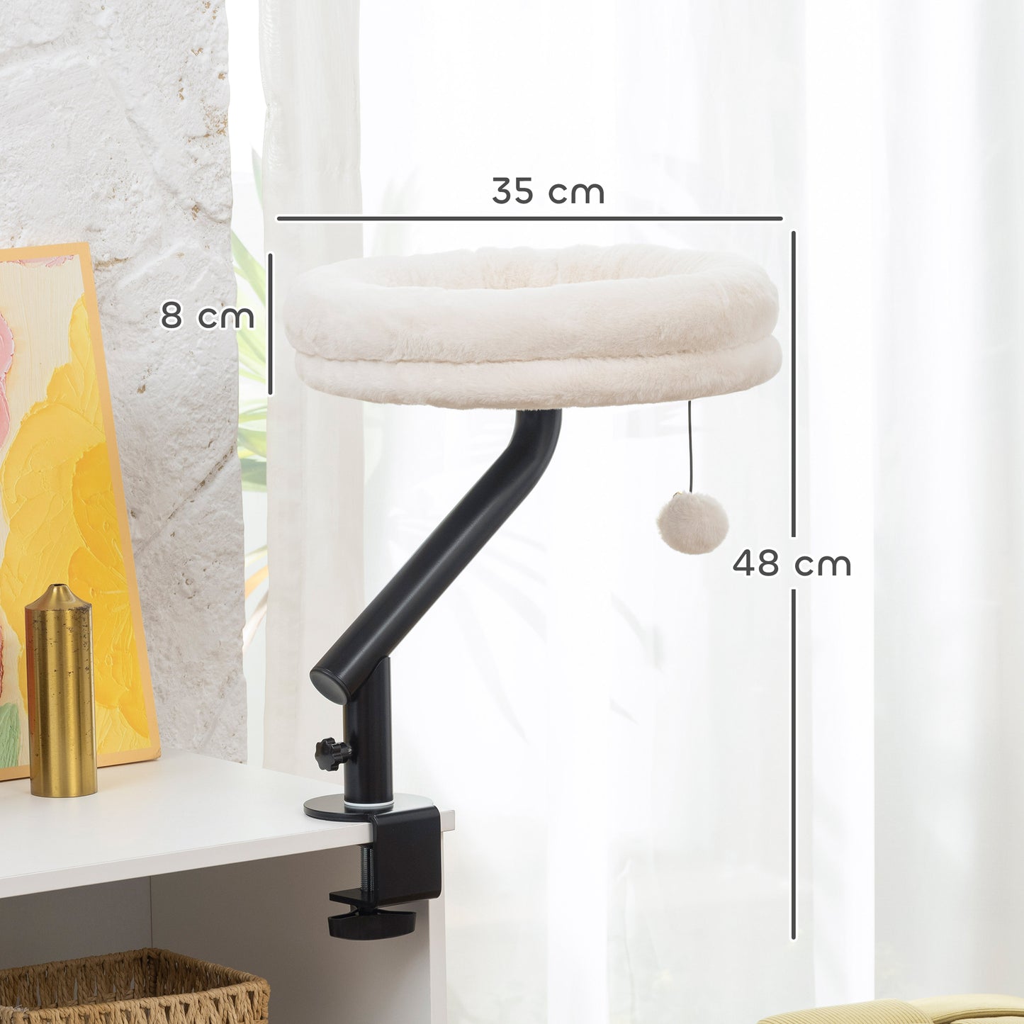Cat Desk Bed | 360° Rotatable | Desk & Window Clamp | All-Season Plush | Up to 6kg | Cream White