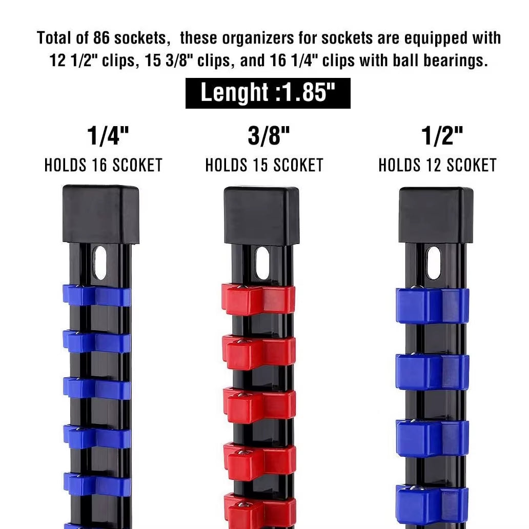 6 Set 1/2" 3/8" 1/4" Socket Organizer Tool Holder Sleeve Socket Storage Rail Kit Holder Mountable Socket Organizer Rail Rack Set