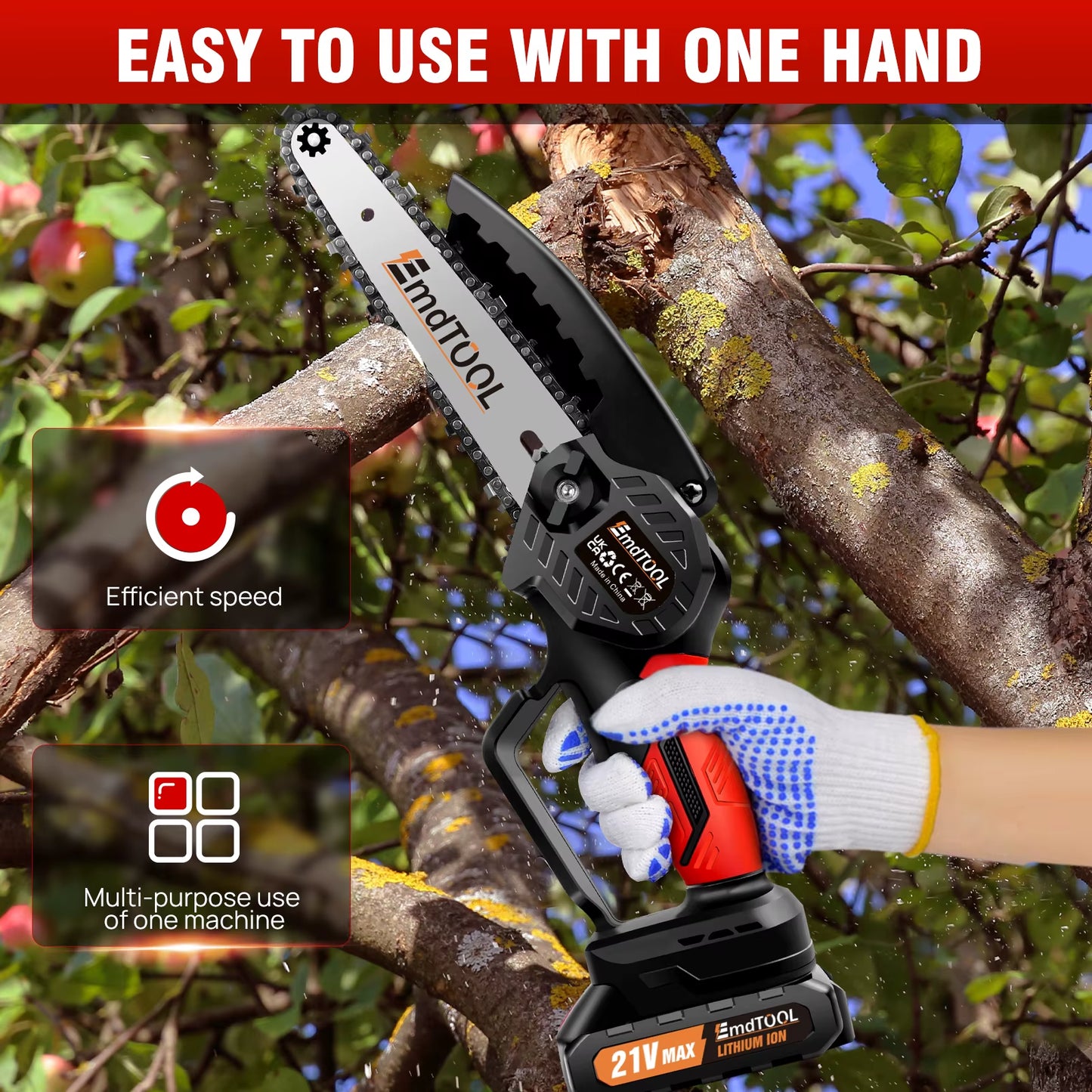 Mini Chainsaw 6 Inch Cordless, 21V Battery 5000W Chain Saw for Branch Pruning with 3Ah Battery & 2 Chains for Wood Cutting