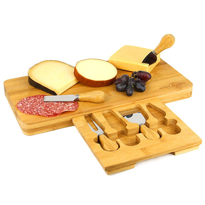 Maison & White Bamboo Cheese Board | 40cm Serving Platter with Hidden Drawer | 3 Cheese Knives & Fork | Charcuterie & Entertaining Set