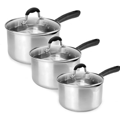 Maison & White Stainless Steel Saucepan Set of 3 with Lids | Aluminium Even-Heat Base | Stay-Cool Handle | Induction Gas Electric Ceramic | 16cm 18cm 20cm | All Hob Types | 2-Year Warranty
