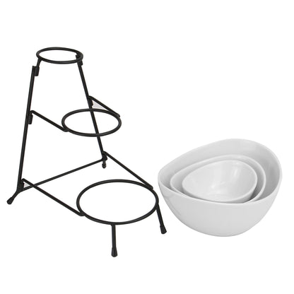 Maison & White 3-Tier Serving Bowl Set | 3 White Ceramic Snack Bowls & Black Iron Stand | Graduated Buffet, Party & Sharing Display | 27cm Stand