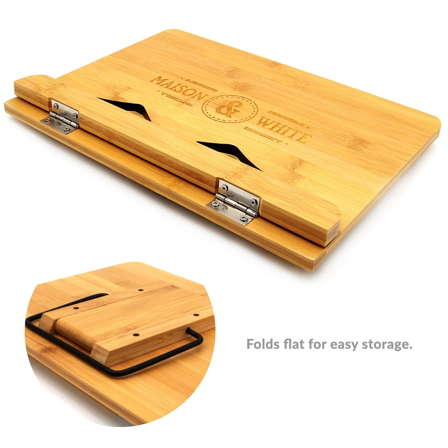 Bamboo Recipe Book Stand | Adjustable & Foldable | 2 Metal Page Holders | Tablet Rest | Water-Resistant | 33.5x24x4.4cm | 2-Year Warranty
