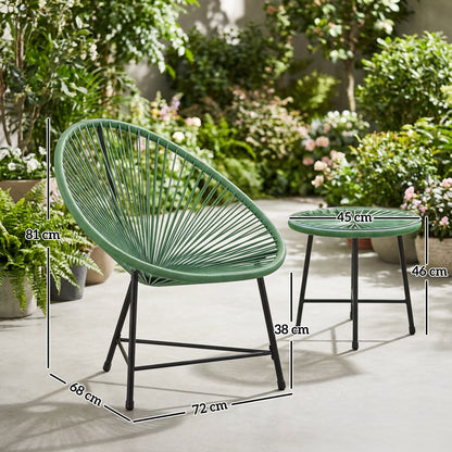 3 Piece Acapulco Style Rattan Bistro Set | 2 Oval Chairs | Tempered Glass Coffee Table | PE Rattan | Powder Coated Steel | 120kg | Green