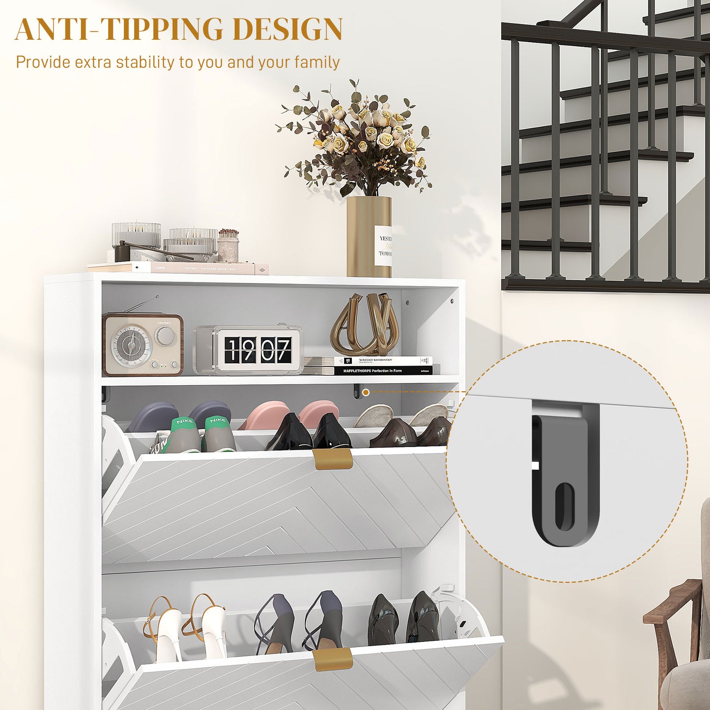 Modern Shoe Storage Cabinet with 2 Flip Drawers for 12 Pairs, Narrow Shoe Organizer for Entryway, Hallway, White