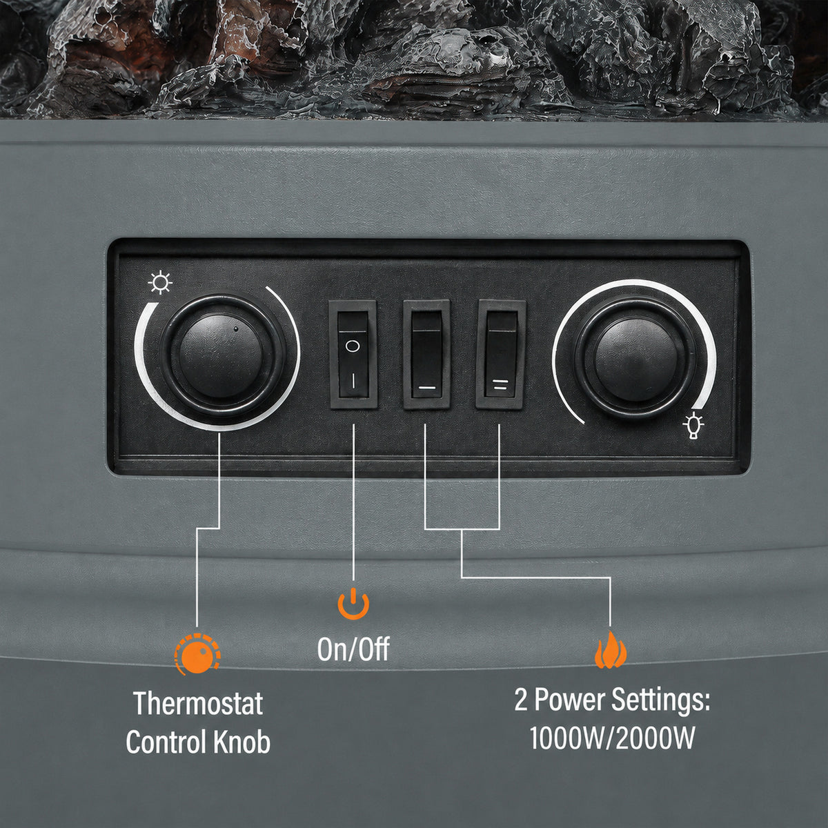 Electric Fireplace Stove | Grey Freestanding 2000W Heater with Adjustable LED Flame & Thermostat