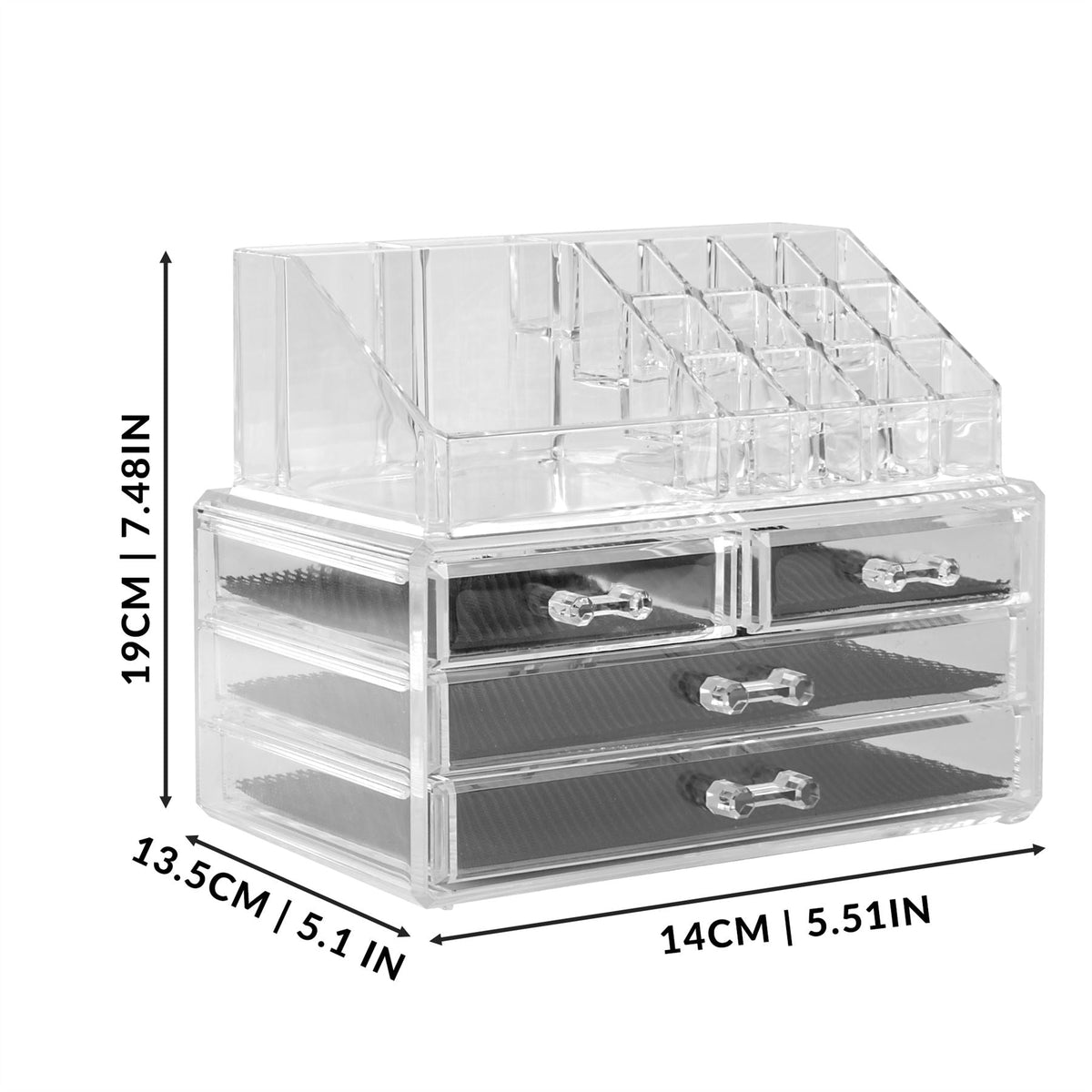 Pukkr 20 Section Clear Acrylic Cosmetic Makeup & Jewellery Organiser | 4 Slide-Out Drawers with Mesh Liners | Open-Top Tray | Lipstick Brushes Nail Polish Palettes | 19x14x13.5cm | 2-Year Guarantee