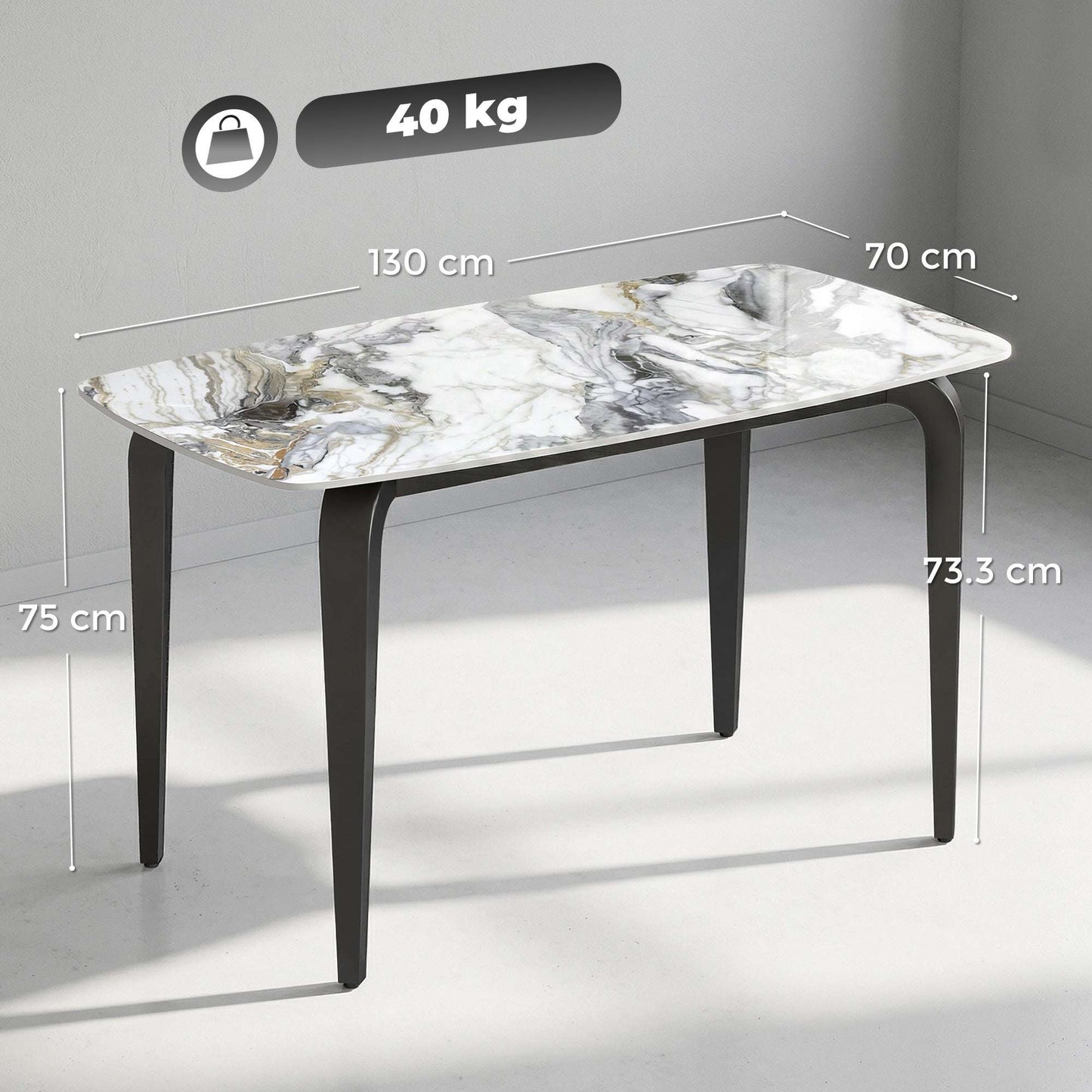 Sintered Stone Dining Table | 4 Seater | 130x70x75cm | Heat & Scratch Resistant | Stain-Resistant | Metal Legs | Adjustable Feet | White