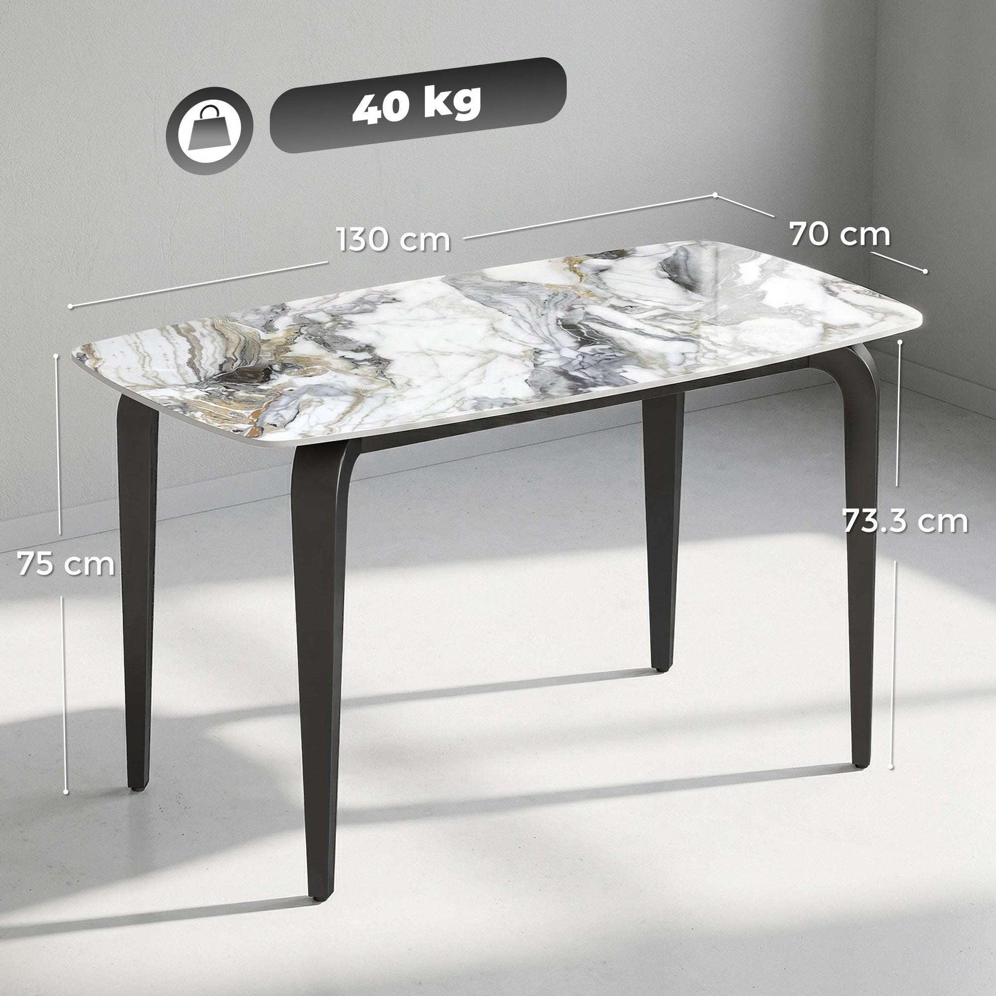 Sintered Stone Dining Table | 4 Seater | 130x70x75cm | Heat & Scratch Resistant | Stain-Resistant | Metal Legs | Adjustable Feet | White