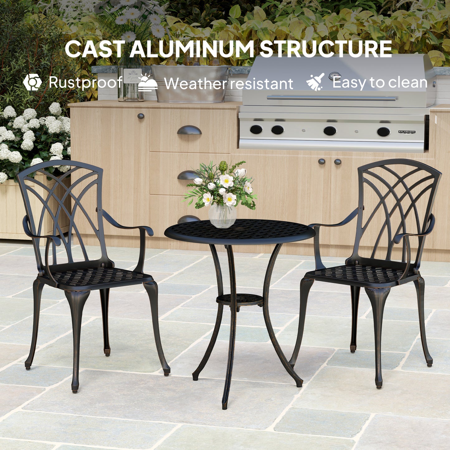 Outsunny 3 Pieces Garden Dining Set for 2, Cast Aluminium Outdoor Garden Furniture Dining Set with 2 Armchairs and Round Table