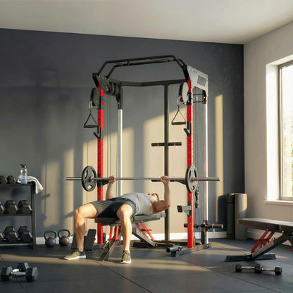 SPORTNOW Power Cage Smith Machine, Power Rack with Adjustable Cable Pulley System, Pull-Up Bar, Dip Station, Landmine