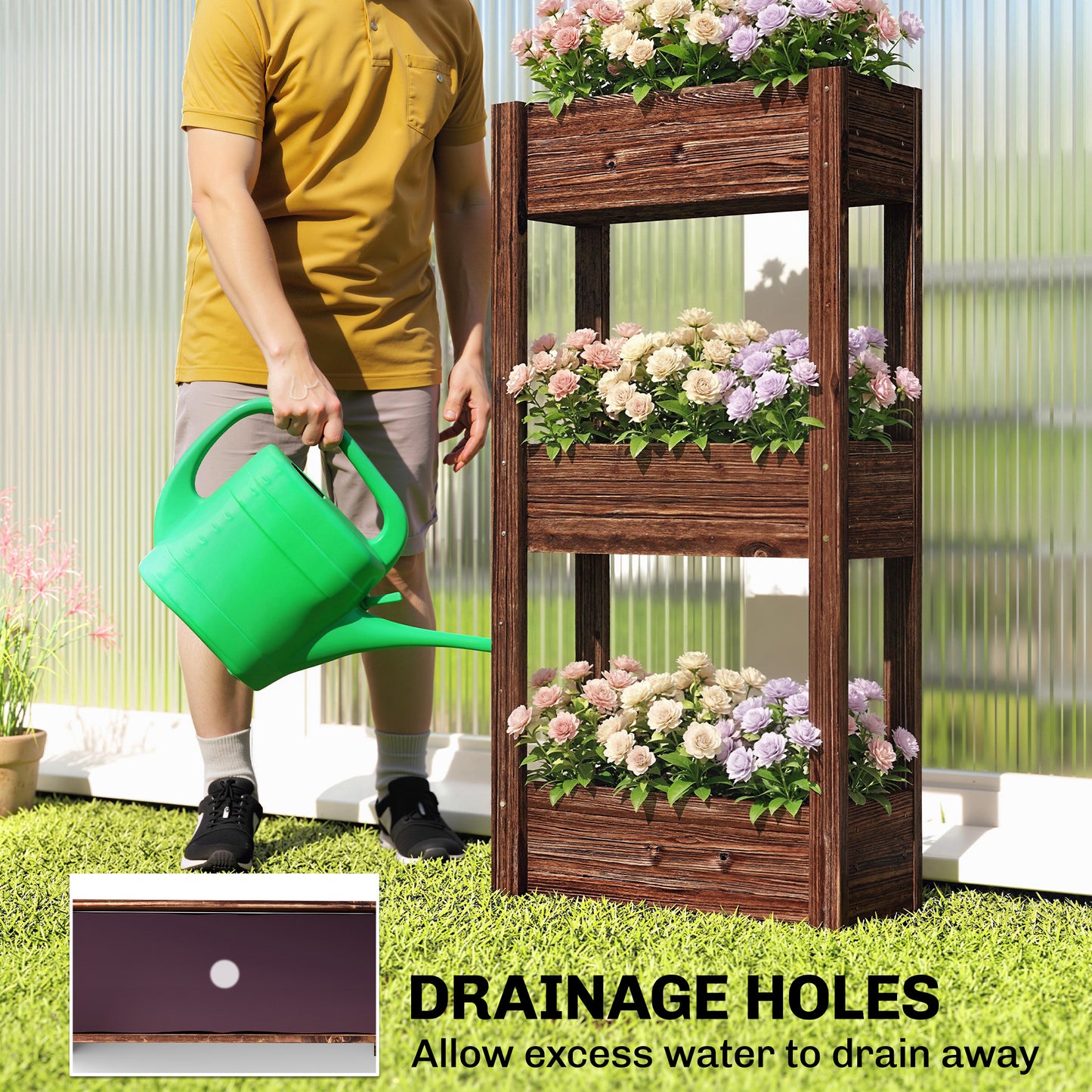 3-Tier Wooden Raised Planter, Raised Garden Bed on Legs with Drainage Holes and Bed Liner, Elevated Garden Planter