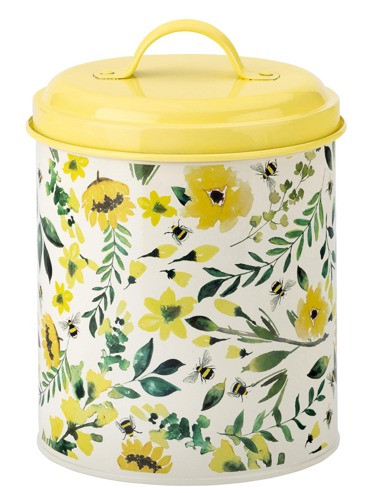 Maison & White Bee-Beautiful Large Storage Tin | Yellow Handled Lid | Bumblebee & Floral Design | Decorative Kitchen Storage