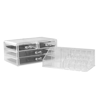 Pukkr 20 Section Clear Acrylic Cosmetic Makeup & Jewellery Organiser | 4 Slide-Out Drawers with Mesh Liners | Open-Top Tray | Lipstick Brushes Nail Polish Palettes | 19x14x13.5cm | 2-Year Guarantee