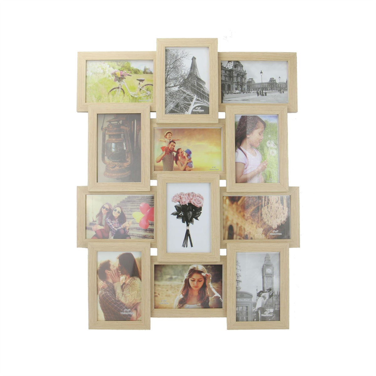Maison & White 12 Photo Collage Frame | Oak Finish MDF | 6 Landscape & 6 Portrait | 6x4" Photos | Glass-Fronted | Wall-Mounted | 54x42x4cm | Landscape or Portrait Hanging | 2-Year Warranty