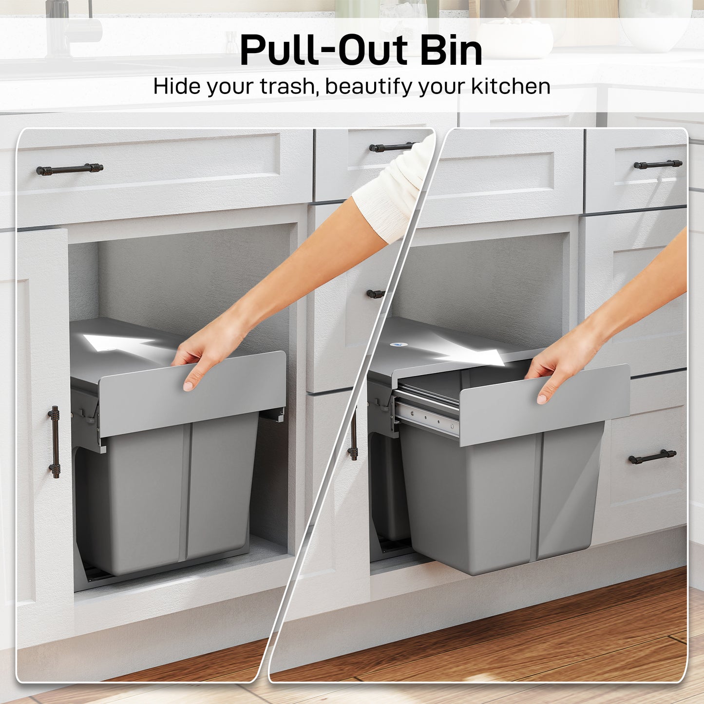 Pull Out Bin, Under Sink Bin - 2 Removable Compartments (15L Each) for 400mm Cabinets, Light Grey