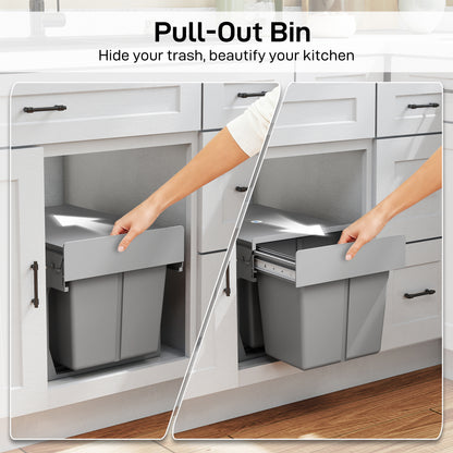 Pull Out Bin, Under Sink Bin - 2 Removable Compartments (15L Each) for 400mm Cabinets, Light Grey
