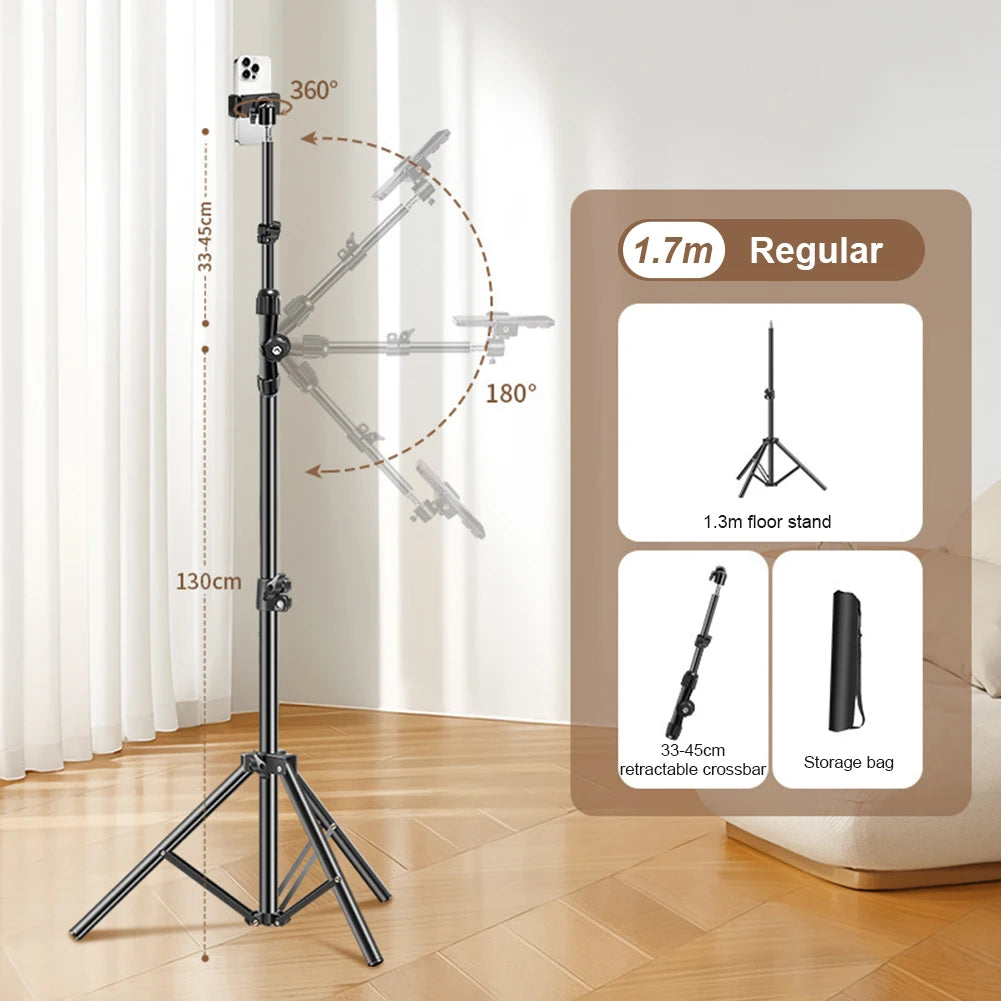 Horizontal Overhead Tripod Adjustable Cell Phone Tripod Stand for Filming Video Recording Live Stream Floor Telescopic Bracket