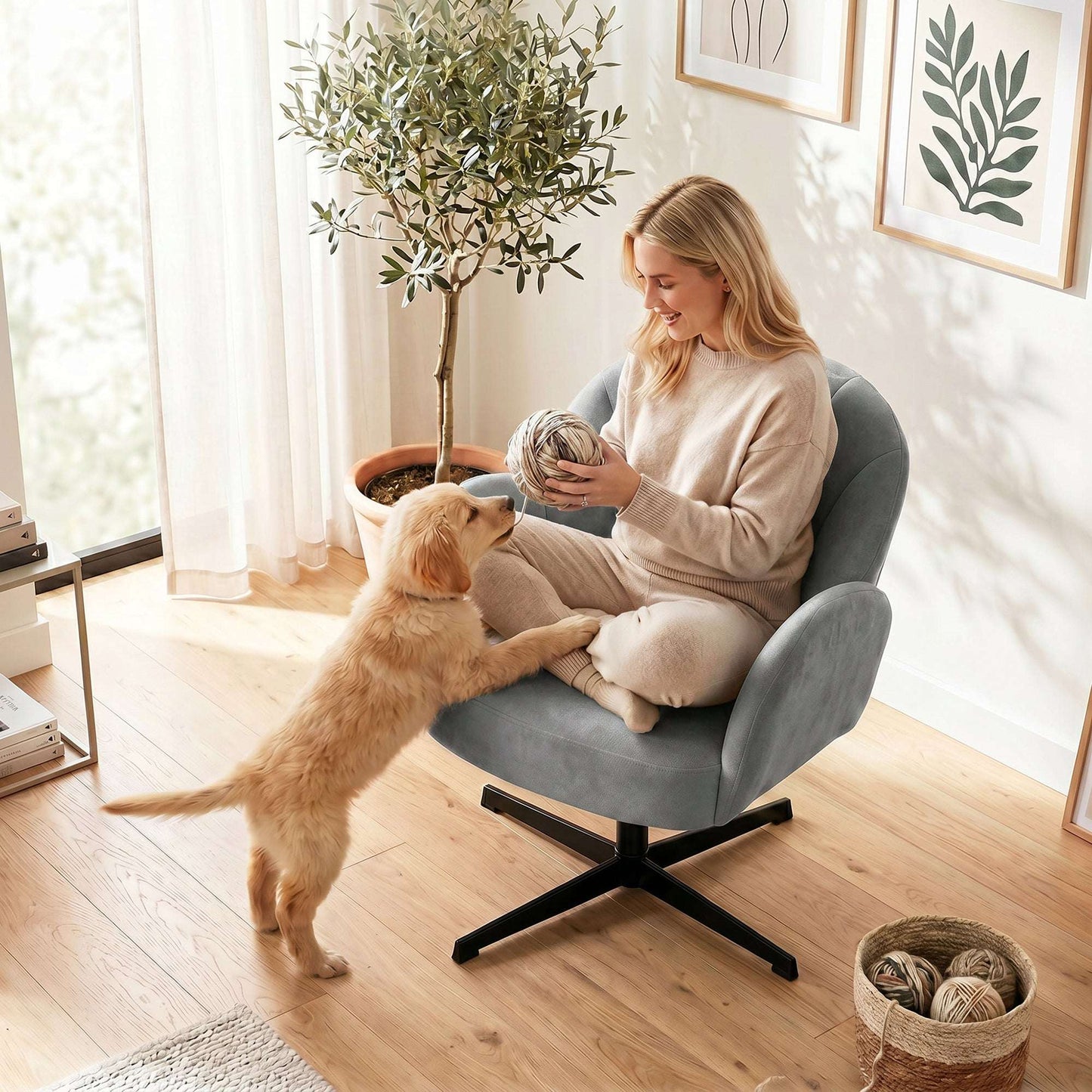Shell-Shaped Swivel Accent Chair | 360° Swivel | 11cm Spring-Packed Seat | Velvet-Feel Fabric | Metal Base | Plastic Floor Pads | 120kg | 64.5x68x80cm | Grey