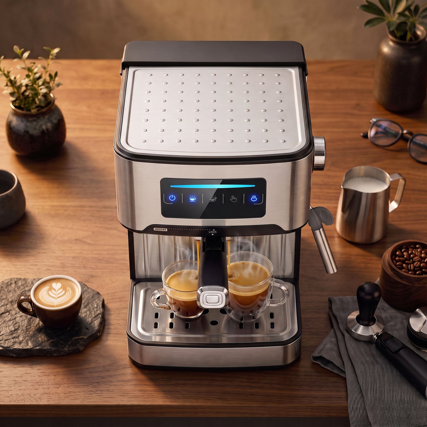 20-Bar Espresso Machine | Cappuccino Coffee Maker | Milk Frother | 1.6L Tank | LED Touch | Single & Double Shot | Black