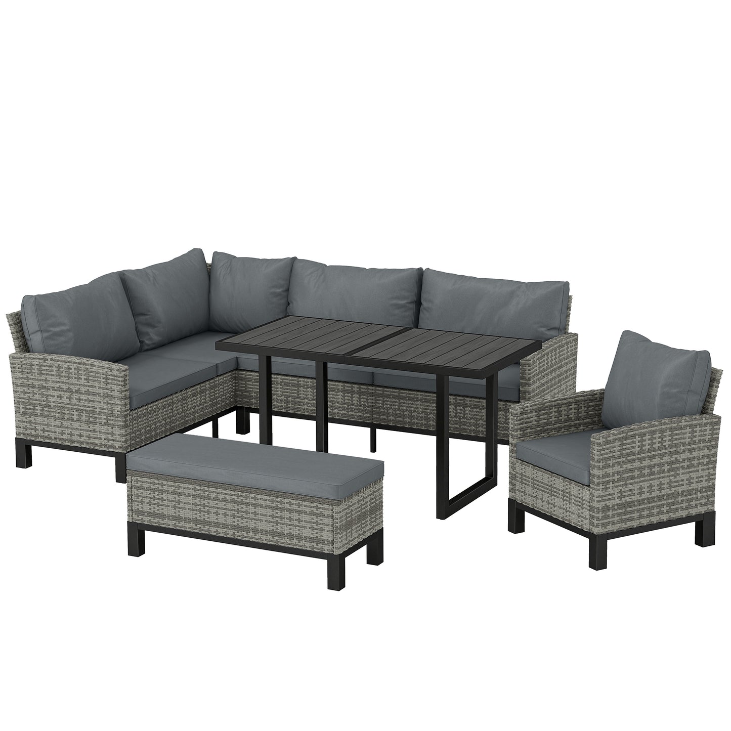 9-Seater Rattan Corner Sofa & Dining Set | Ottoman | Faux Wood Table | Washable Cushions | Dark Grey