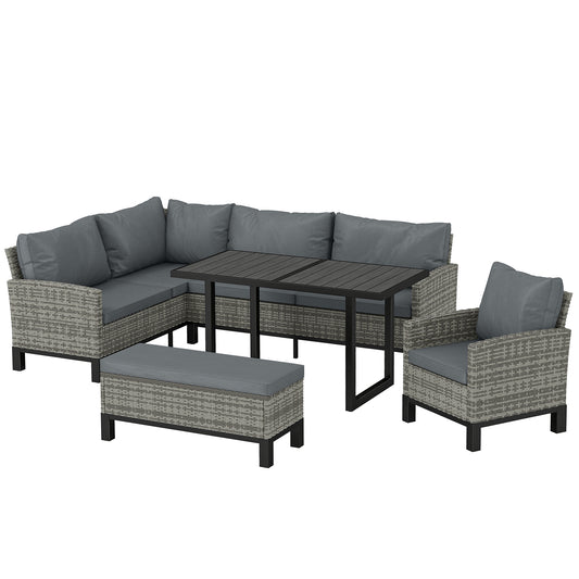 9-Seater Rattan Corner Sofa & Dining Set | Ottoman | Faux Wood Table | Washable Cushions | Dark Grey