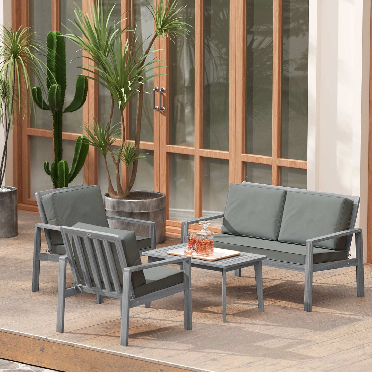 Outsunny 4-Piece Acacia Wooden Garden Furniture Set with Cushions - Light Grey