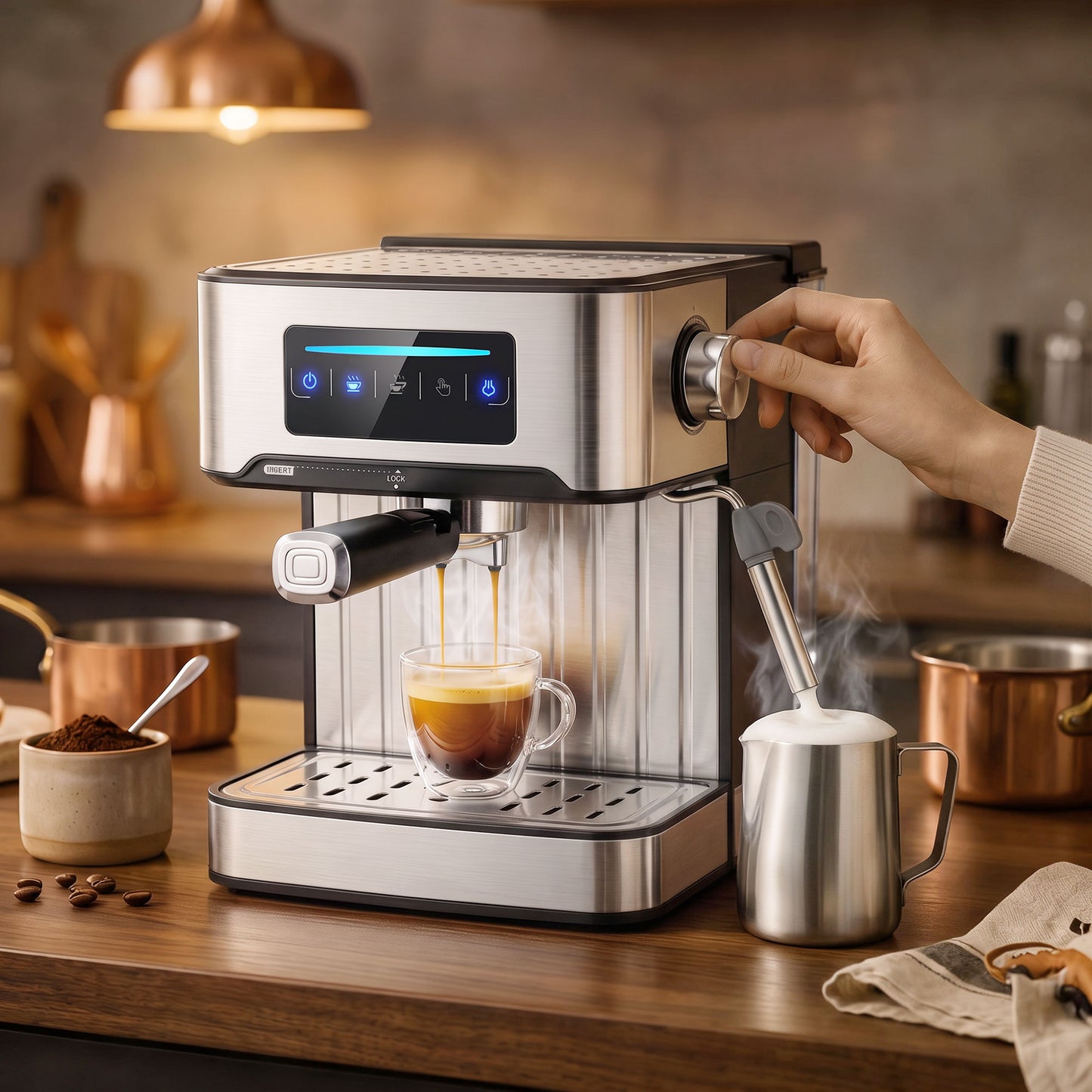 20-Bar Espresso Machine | Cappuccino Coffee Maker | Milk Frother | 1.6L Tank | LED Touch | Single & Double Shot | Black