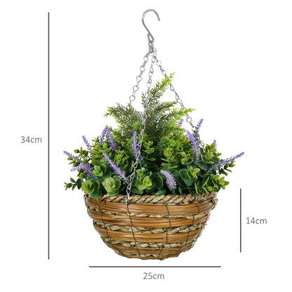 Outsunny 2 Piece Artificial Lisianthus Flower Hanging Planter with Basket for Indoor Outdoor Decoration, Purple