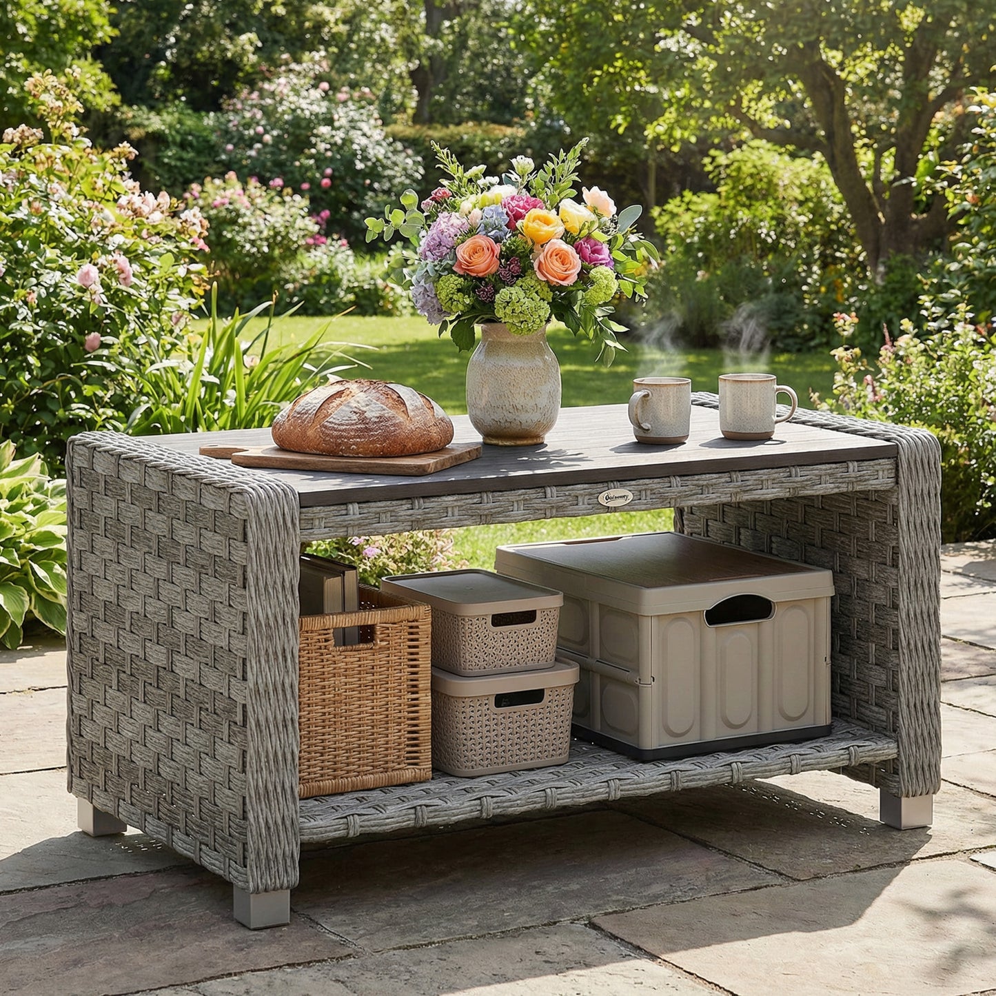2-Tier Rattan Garden Coffee Table | PS Waterproof Top | Storage Shelf | 50kg | Foot Pads | Grey