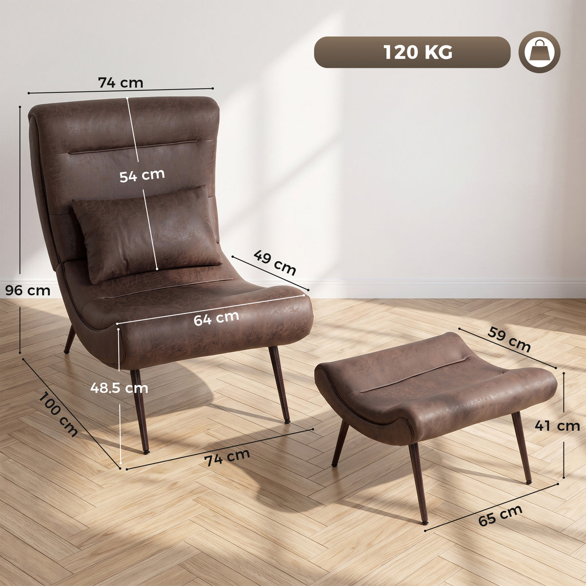 Dark Brown Accent Chair with Footstool | Upholstered Lounge Chair, Lumbar Pillow & Vintage Style | 120kg