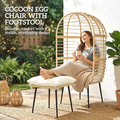 Rattan Egg Chair & Footstool Set | 11cm Tufted Cushions | UV & Weather Resistant | Steel Frame | 120kg | Indoor & Outdoor | Beige