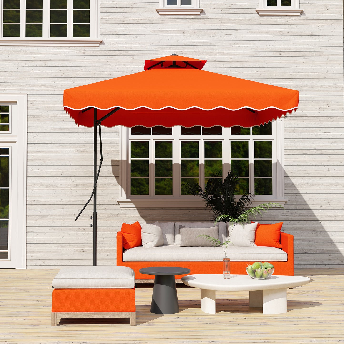 Outsunny 2.5m Cantilever Parasol with Easy Lever, Square Double Top Garden Parasol Umbrella with Ruffles and Cross Base, Overhanging Outdoor Sun Shades, Orange