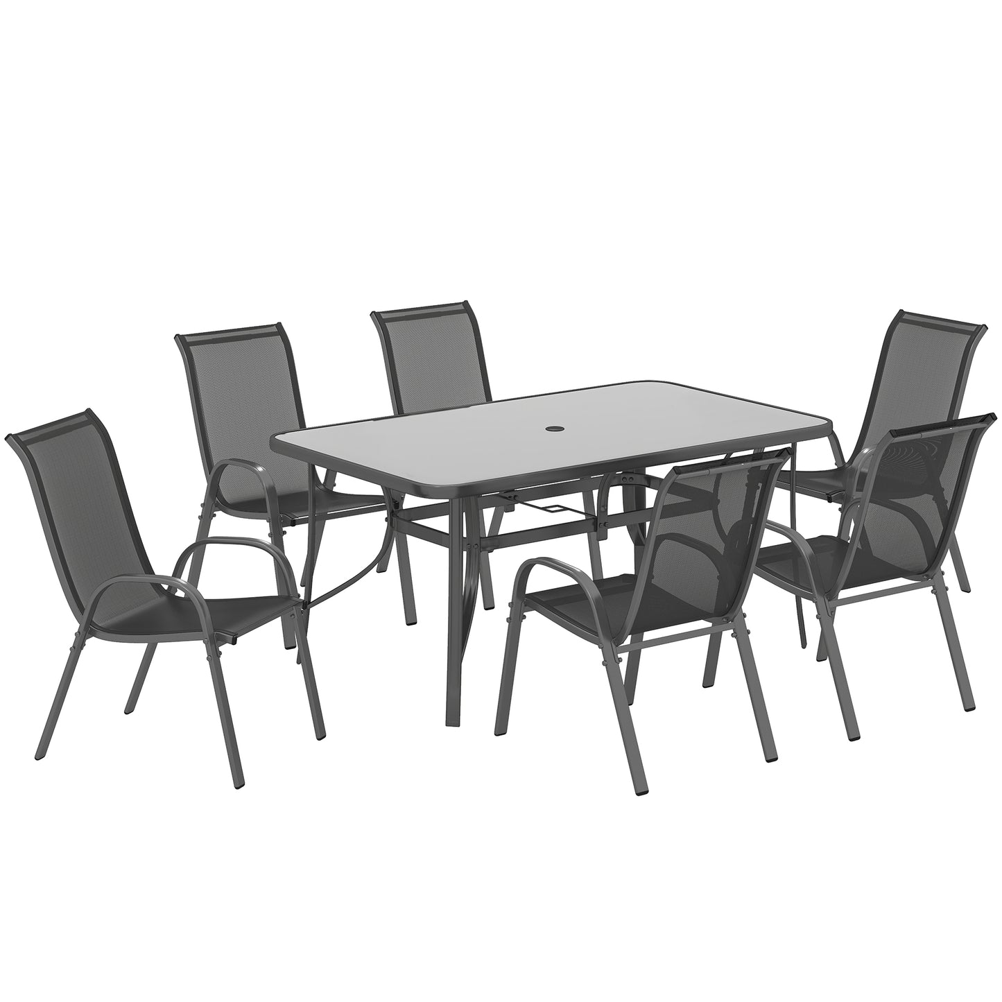 7-Piece Garden Dining Set | 6 Mesh Armchairs & Glass Table | Parasol Hole | 120kg | Charcoal Grey
