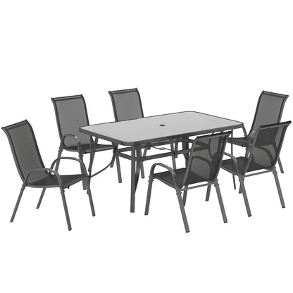 7-Piece Garden Dining Set | 6 Mesh Armchairs & Glass Table | Parasol Hole | 120kg | Charcoal Grey