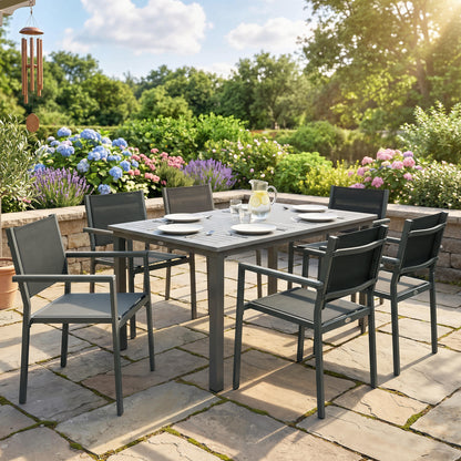 7-Piece Garden Dining Set | Slatted Acacia Wood Table | 6 Stackable Texteline Chairs | Wide Armrests | Powder-Coated Steel | Adjustable Foot Pads | 160kg Chair Capacity | 150x90x75cm | Grey