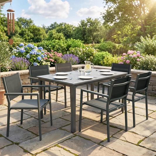 7-Piece Garden Dining Set | Slatted Acacia Wood Table | 6 Stackable Texteline Chairs | Wide Armrests | Powder-Coated Steel | Adjustable Foot Pads | 160kg Chair Capacity | 150x90x75cm | Grey