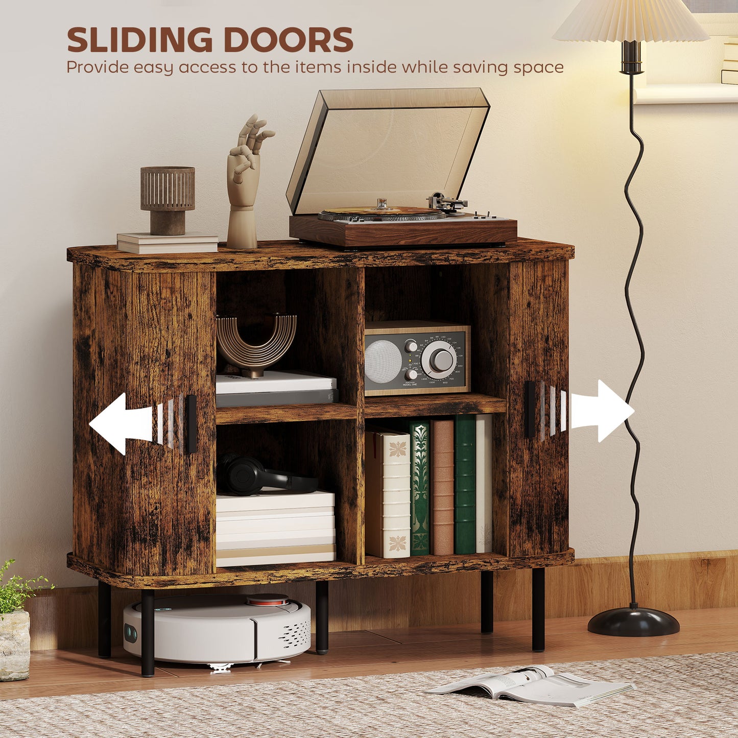 Mid-Century Sideboard & Nightstand Set | Tambour Sliding Doors | 2-Tier Storage | Steel Legs | Anti-Tip | Oak & Black | Rustic Brown