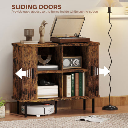 Mid-Century Sideboard & Nightstand Set | Tambour Sliding Doors | 2-Tier Storage | Steel Legs | Anti-Tip | Oak & Black | Rustic Brown