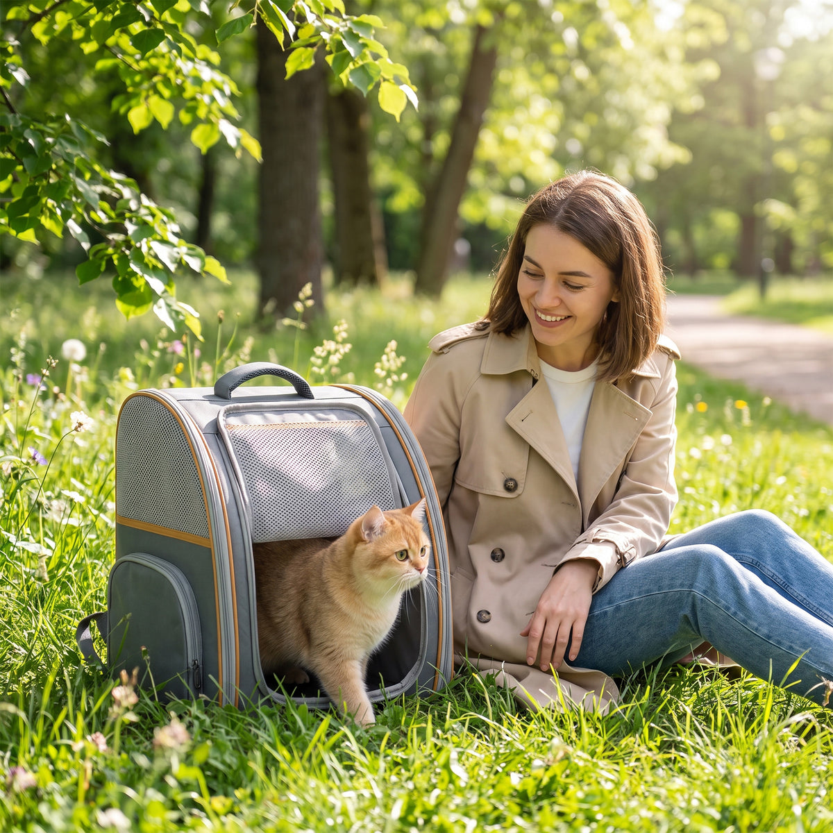 Foldable Pet Backpack Carrier | Breathable Mesh Windows | Removable Rigid Base | 600D Waterproof Oxford | Side Storage | 37.5x34x42cm | Folds to 43x39x9cm | 5kg | Cats Dogs Rabbits | Grey