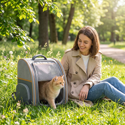 Foldable Pet Backpack Carrier | Breathable Mesh Windows | Removable Rigid Base | 600D Waterproof Oxford | Side Storage | 37.5x34x42cm | Folds to 43x39x9cm | 5kg | Cats Dogs Rabbits | Grey