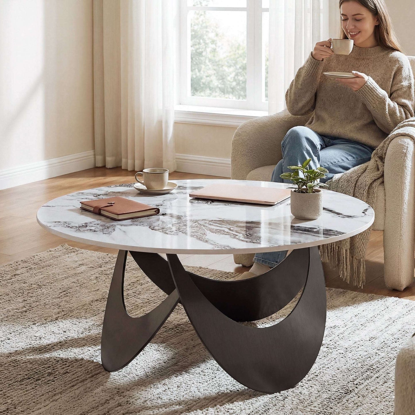 Sintered Stone Coffee Table | 80x80x40cm | Heat-Resistant | Impermeable | Welded Metal Frame | Adjustable Feet | White & Black