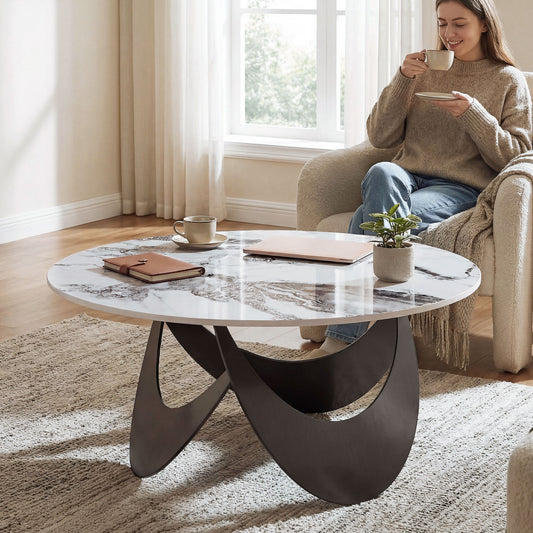 Sintered Stone Coffee Table | 80x80x40cm | Heat-Resistant | Impermeable | Welded Metal Frame | Adjustable Feet | White & Black