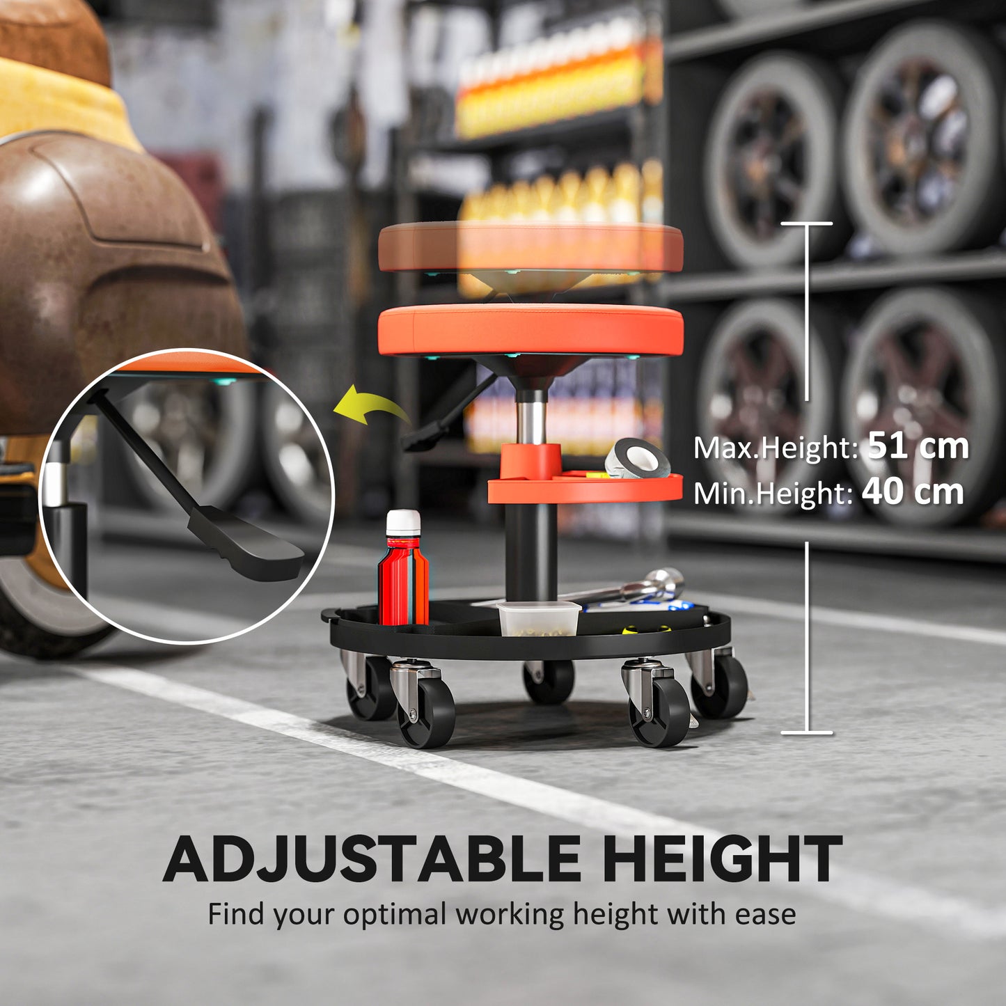 Rolling Mechanic Stool, 135kg Capacity Workshop Stool, 360° Swivel Roller Padded Creeper Seat with Wheels, for Garage, Shop, Auto Repair