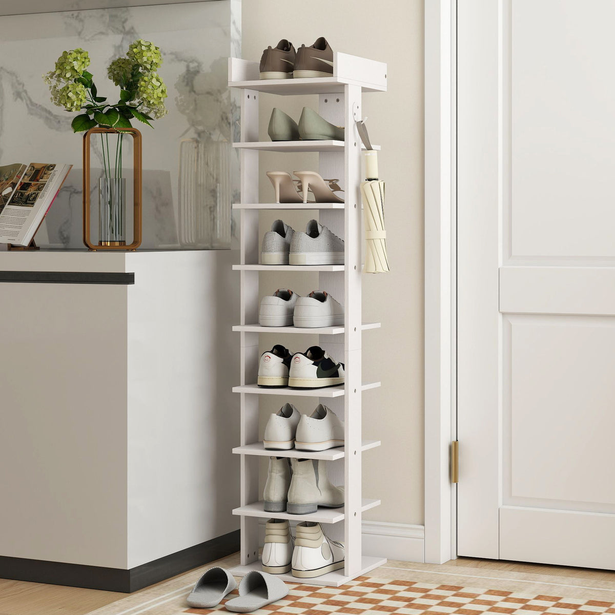 9-Tier Shoe Rack | Graduated Shelf Heights to Size 46 | Removable Shelves for Boots & Heels | Top Tray with Rail | 2 Side Hooks | 30x30x128.4cm | 18kg | Particleboard | Entryway | White